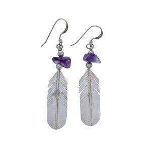 Vintage LHTC Sterling Silver 925 Amethyst Feather Dangle Earrings